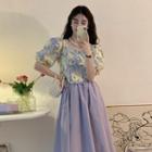 Puff-sleeve Square-neck Floral Print Blouse / Midi A-line Skirt