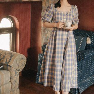 Plaid Short-sleeve Split Midi Dress