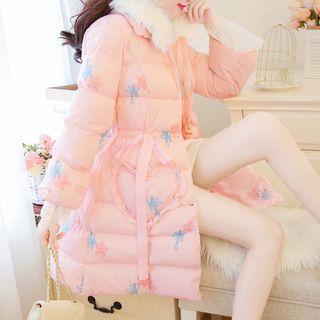 Faux-fur Print Drawstring-waist Padded Coat