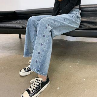 High-waist Embroidered Wide-leg Jeans