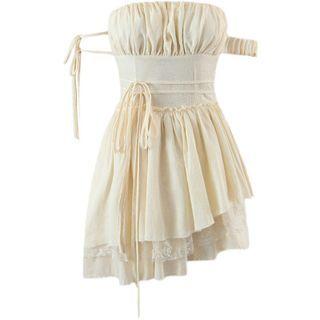 Strapless Tie-waist Lace Trim Mini A-line Dress