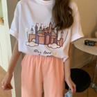 Short-sleeve Cartoon Printed T-shirt / High-waist Plain Wide-leg Pants