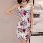 Traditional Chinese Short-sleeve Mesh Paneled Floral Mini Sheath Dress