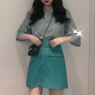 Pocket Detail Elbow-sleeve T-shirt / Faux-leather A-line Skirt
