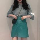 Pocket Detail Elbow-sleeve T-shirt / Faux-leather A-line Skirt