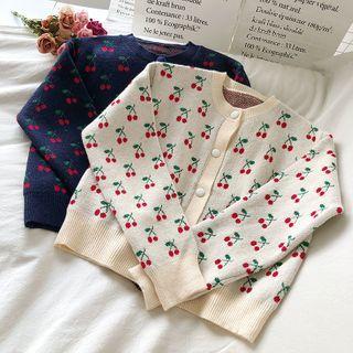 Long-sleeve Buttoned Cherry Print Knit Top