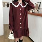 Long-sleeve Buttoned Frill Trim A-line Dress