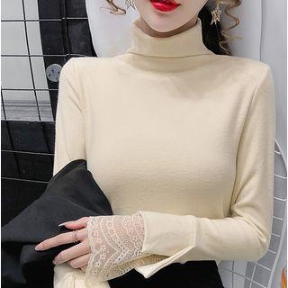 Long-sleeve High-neck Plain Lace Panel Top