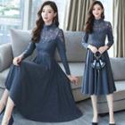 Long-sleeve Midi A-line Lace Panel Dress