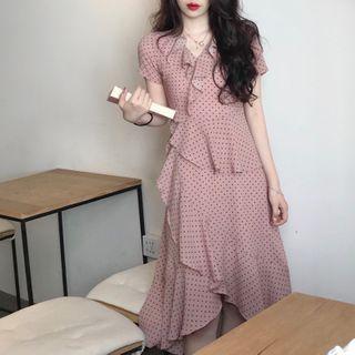 Short-sleeve Dotted Midi A-line Dress 1647 - Pink - Xl