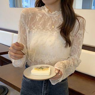 Mock-neck Embroidered Long-sleeve Top White - One Size