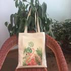 Flamingo Print Canvas Shopper Bag With Lace - Flamingo & Leaves - Off-white - One Size