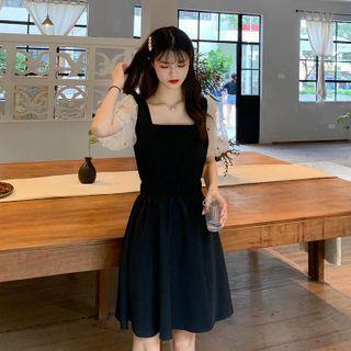 Puff-sleeve Mock Two-piece A-line Dress As Shown In Figure - One Size
