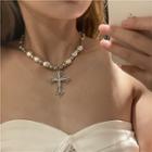 Cross Pendant Faux Pearl Necklace White Faux Pearl - Silver - One Size