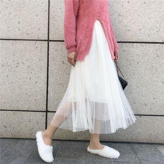 Slit Furry Sweater / Accordion Pleat Midi Mesh Skirt