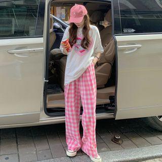 Short-sleeve Heart Print T-shirt + Plaid Pants