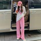 Short-sleeve Heart Print T-shirt + Plaid Pants
