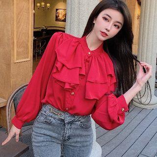 Ruffle Trim Blouse Red - One Size