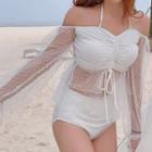 Cold-shoulder Dotted Drawstring Mesh Bikini