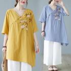 Elbow-sleeve V-neck Floral Embroidered Linen Top