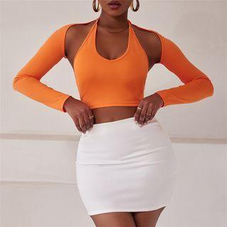 Set: Halter-neck Cropped Camisole Top + Shrug