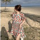 Short-sleeve Floral A-line Dress Red & Green - One Size