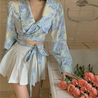 Flower Print Cropped Blouse Blue - One Size