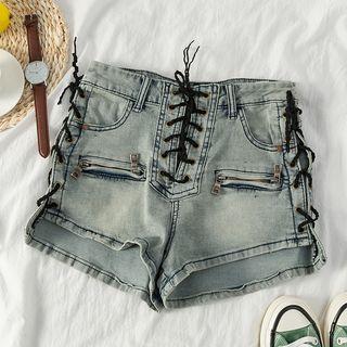 Zip-accent Lace-up High-waist Denim Hot Pants