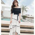 Two-tone Off-shoulder Short-sleeve Midi A-line Dress