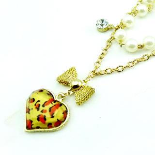 Leopard Heart And Bow Necklace Gold - One Size