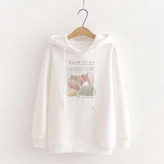 Mountain Print Hoodie Fleece Lining - White - One Size