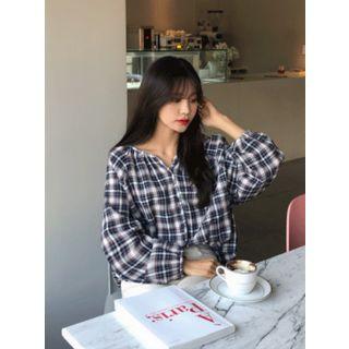 Collarless Raglan-sleeve Plaid Blouse