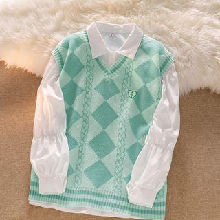 Long-sleeve Plain Shirt / V-neck Argyle Knit Vest