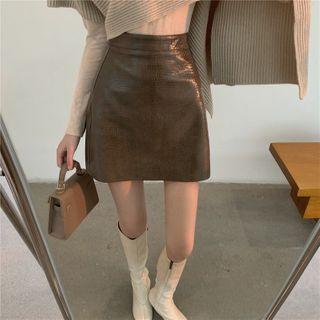 Turtleneck Knit Cape / Mini A-line Faux Leather Skirt / Long-sleeve Top