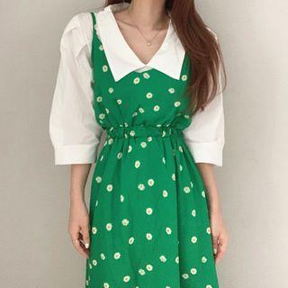 3/4-sleeve Shirt / Spaghetti Strap Floral Dress