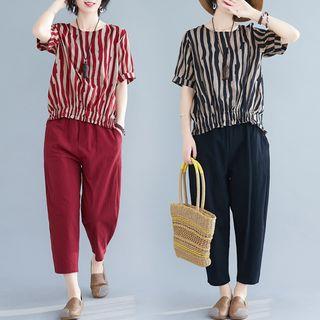 Set: Short-sleeve Striped Top + Harem Pants