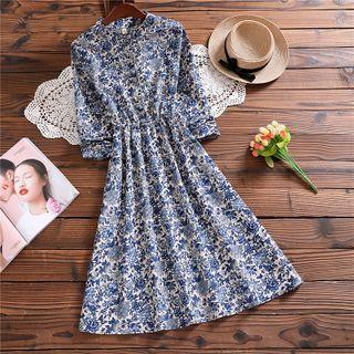 Long-sleeve Floral Print Corduroy Stand Collar Midi A-line Shirtdress