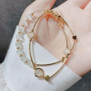 Set Of 2 : Cat Eye Stone Bead Bracelet (assorted Designs) Set Of 2 - White & Gold - One Size