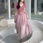 Lace-up Mesh Midi A-line Skirt