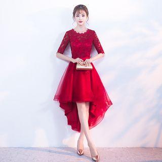 Lace Panel Elbow-sleeve High-low Cocktail Dress