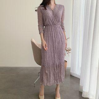 3/4-sleeve Floral Print Crinkled Midi A-line Dress / Single-breasted Blazer