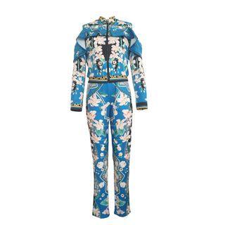 Set: Print Cold-shoulder Ruffle Zip Jacket + Leggings