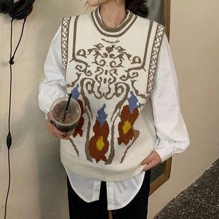 Plain Blouse / Flower Print Sweater Vest