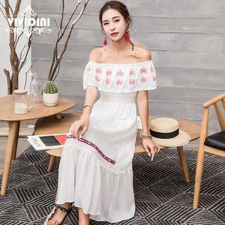 Off-shoulder Midi Embroidered Sundress