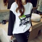 Long-sleeve Contrast-color Printed Top