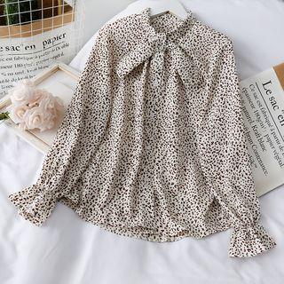 Ribbon-neckline Leopard-print Loose Shirt