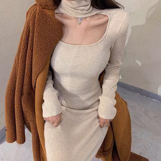 Turtle-neck Cutout Long-sleeve Slim-fit Knit Dress