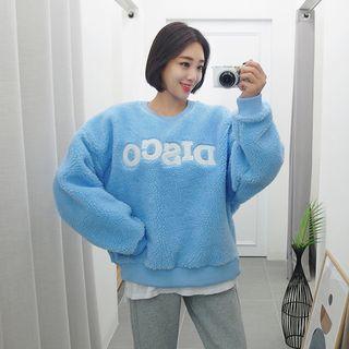 Letter-appliqu  Boxy Sherpa-fleece Pullover Sky Blue - One Size