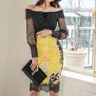 Set: Off-shoulder Bow-accent Top + Pencil Skirt