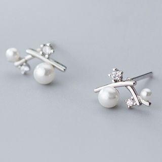 925 Sterling Silver Faux Pearl Rhinestone Branches Earring